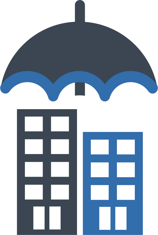 Graphic of an umbrella covering two business buildings